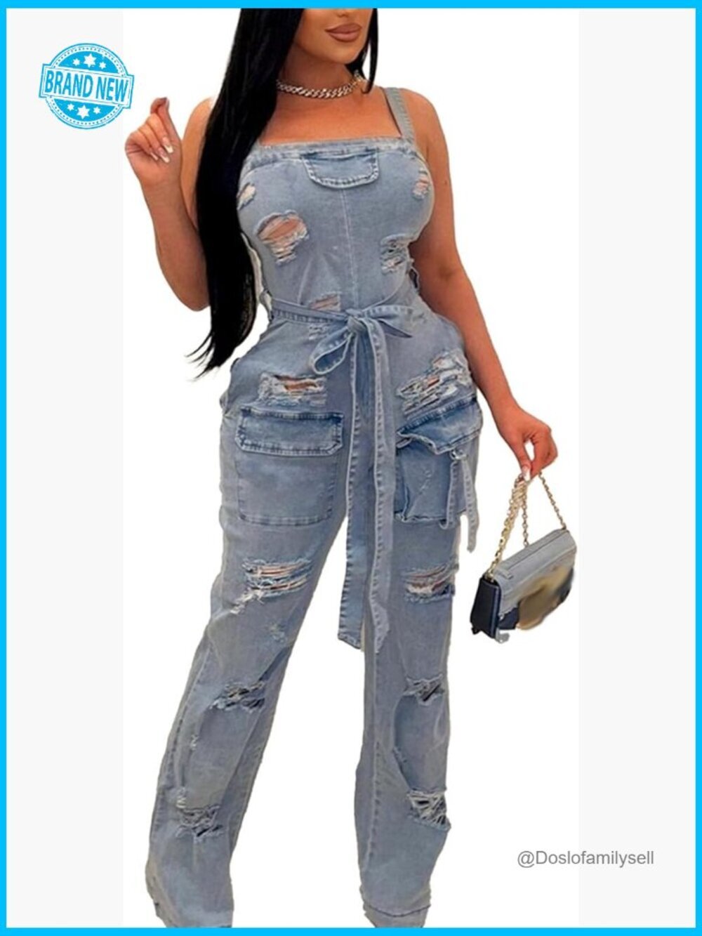 Wide Leg Denim Jumpsuit with Belt Halter Neck Ripped Jean Romper Casual Flare